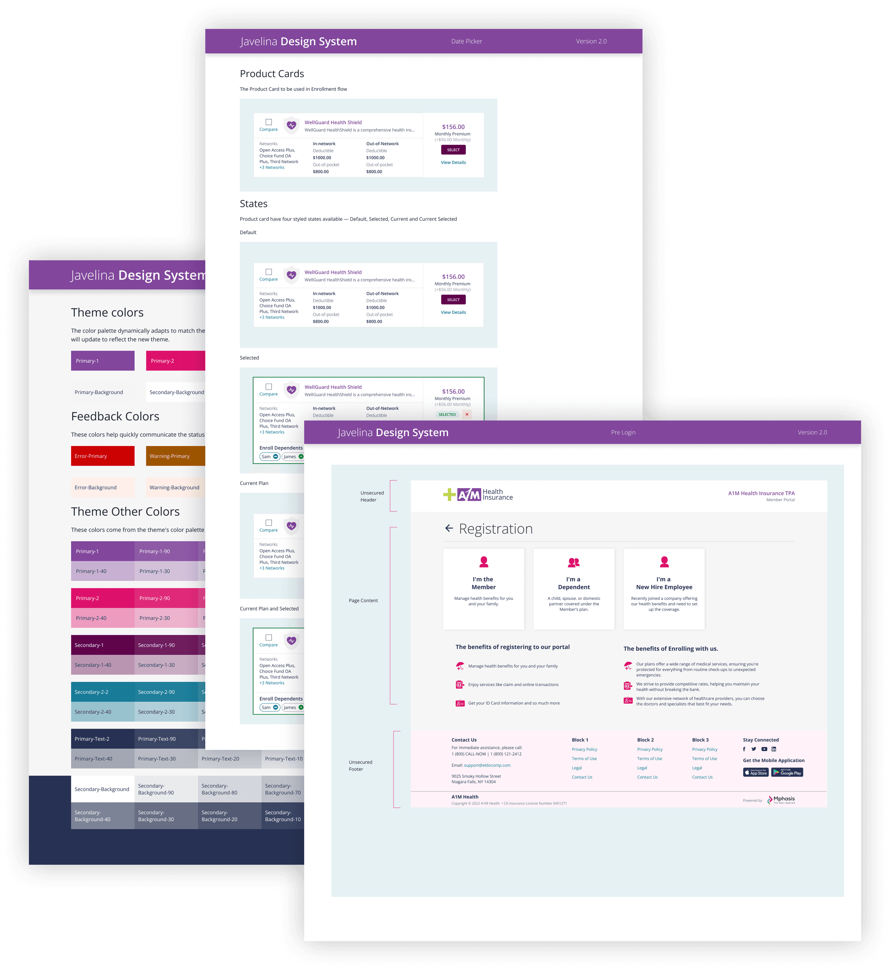 Javelina Design System documentation showing theme colour tokens, product card components in multiple states, and a registration screen rendered in A1M Health branding