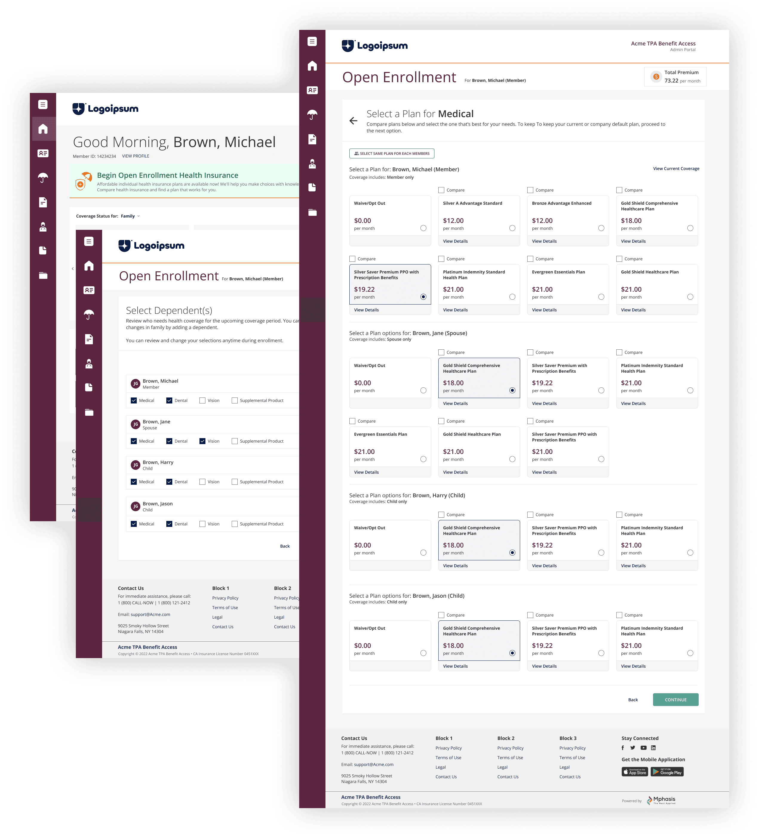 Open Enrollment flow showing member dashboard with enrollment prompt, plan selection screen with dependent coverage for a family of four, and per-member plan comparison grid