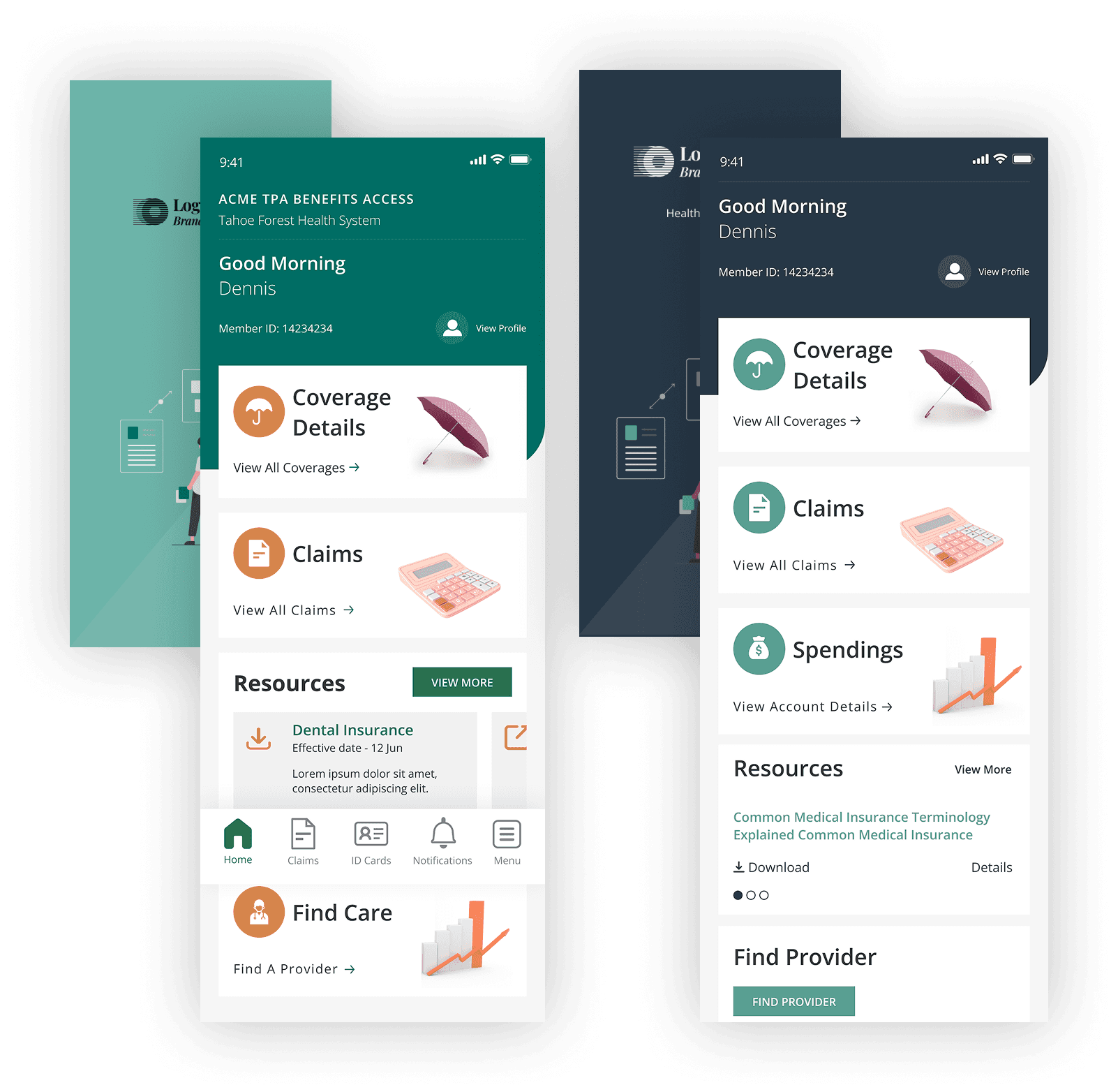 Javelina white-label mobile app screens showing member dashboard, benefits overview, and claims, themed in client branding using the same token system as the web portal