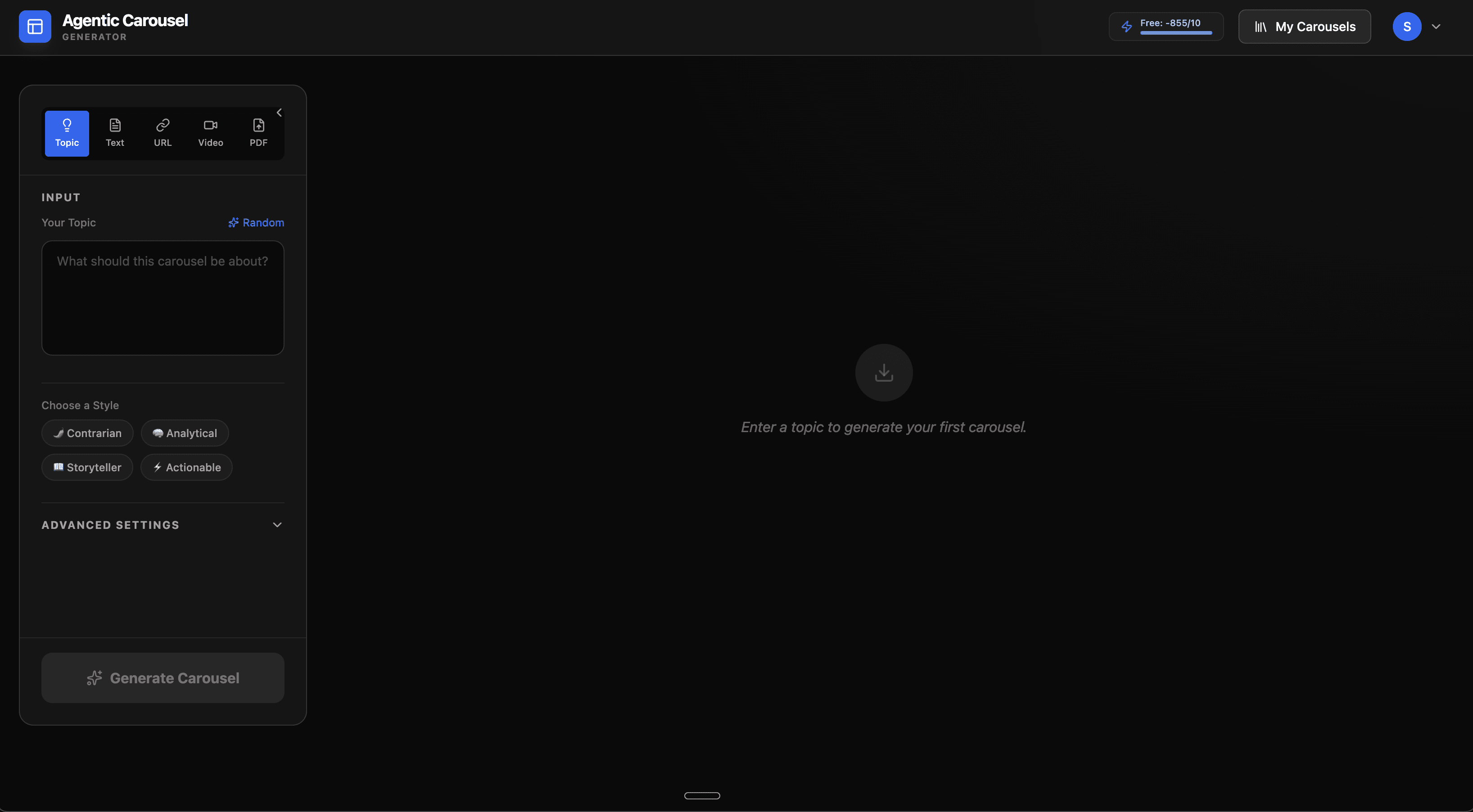 Agentic Carousel input screen showing topic entry, content style selection (Contrarian, Analytical, Storyteller, Actionable) and Generate Carousel button