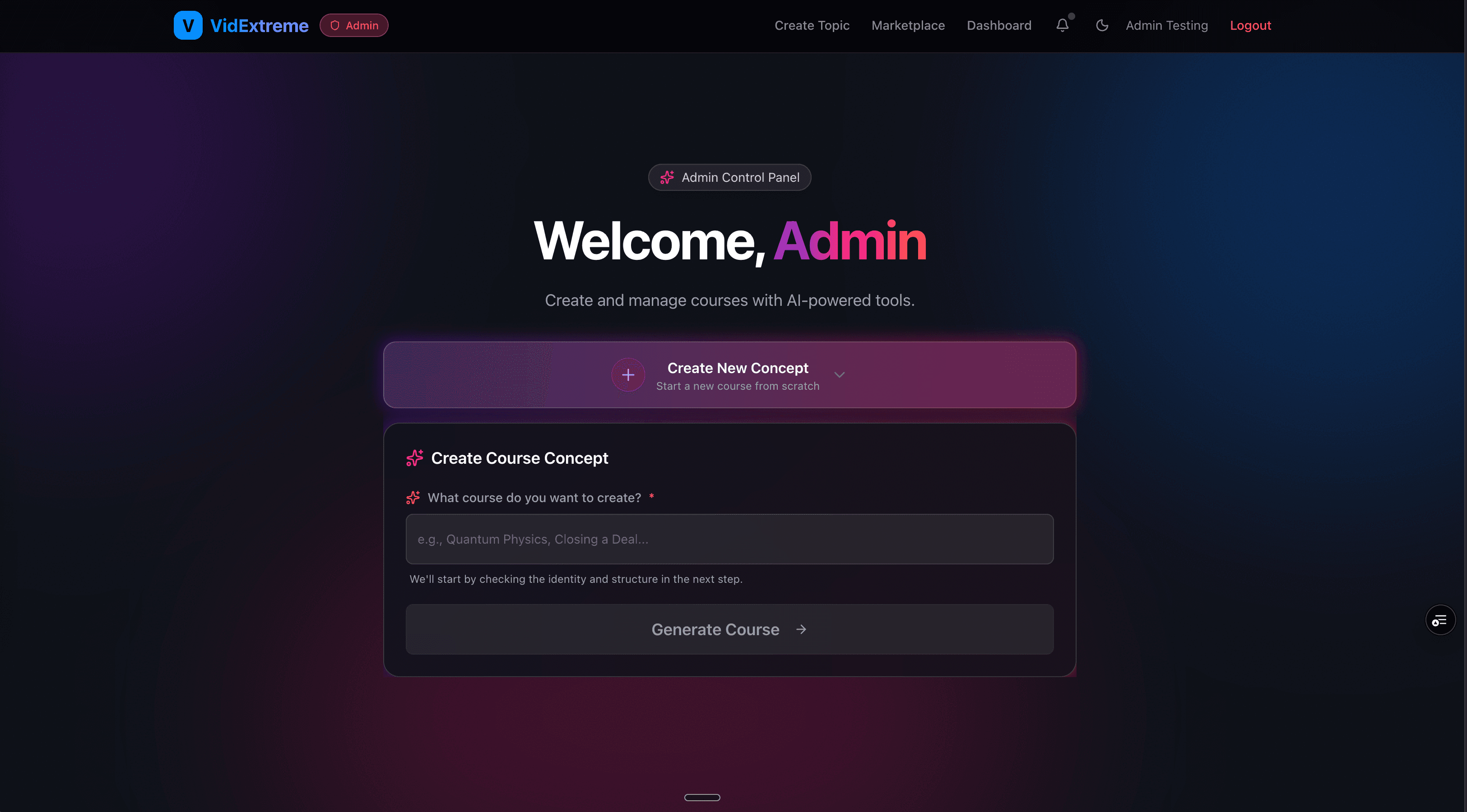 VidExtreme admin dashboard showing Create Course Concept interface with AI-powered course generation