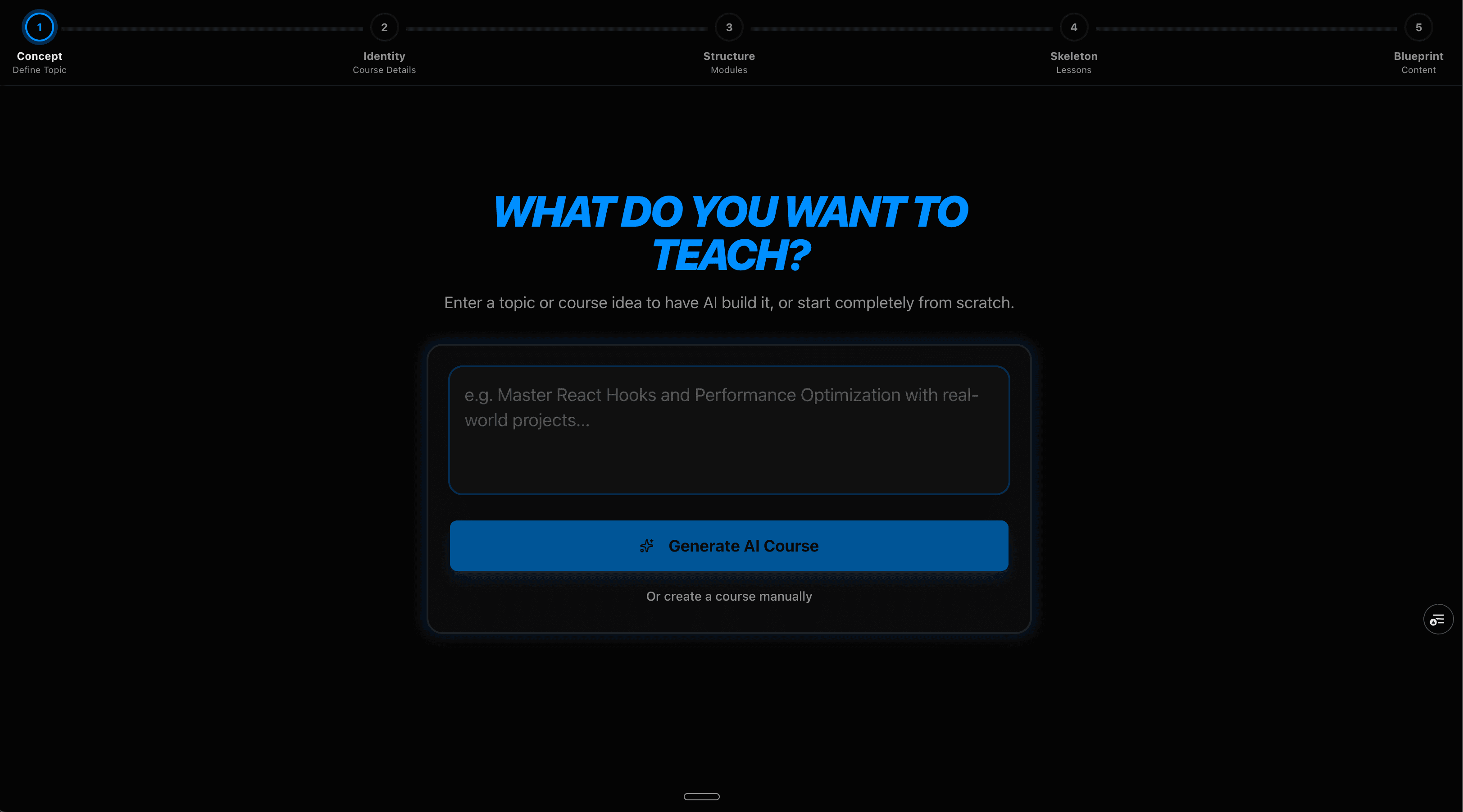 VidExtreme course creation pipeline showing 5-stage progress bar: Concept, Identity, Structure, Skeleton, Blueprint, with topic input and Generate AI Course button