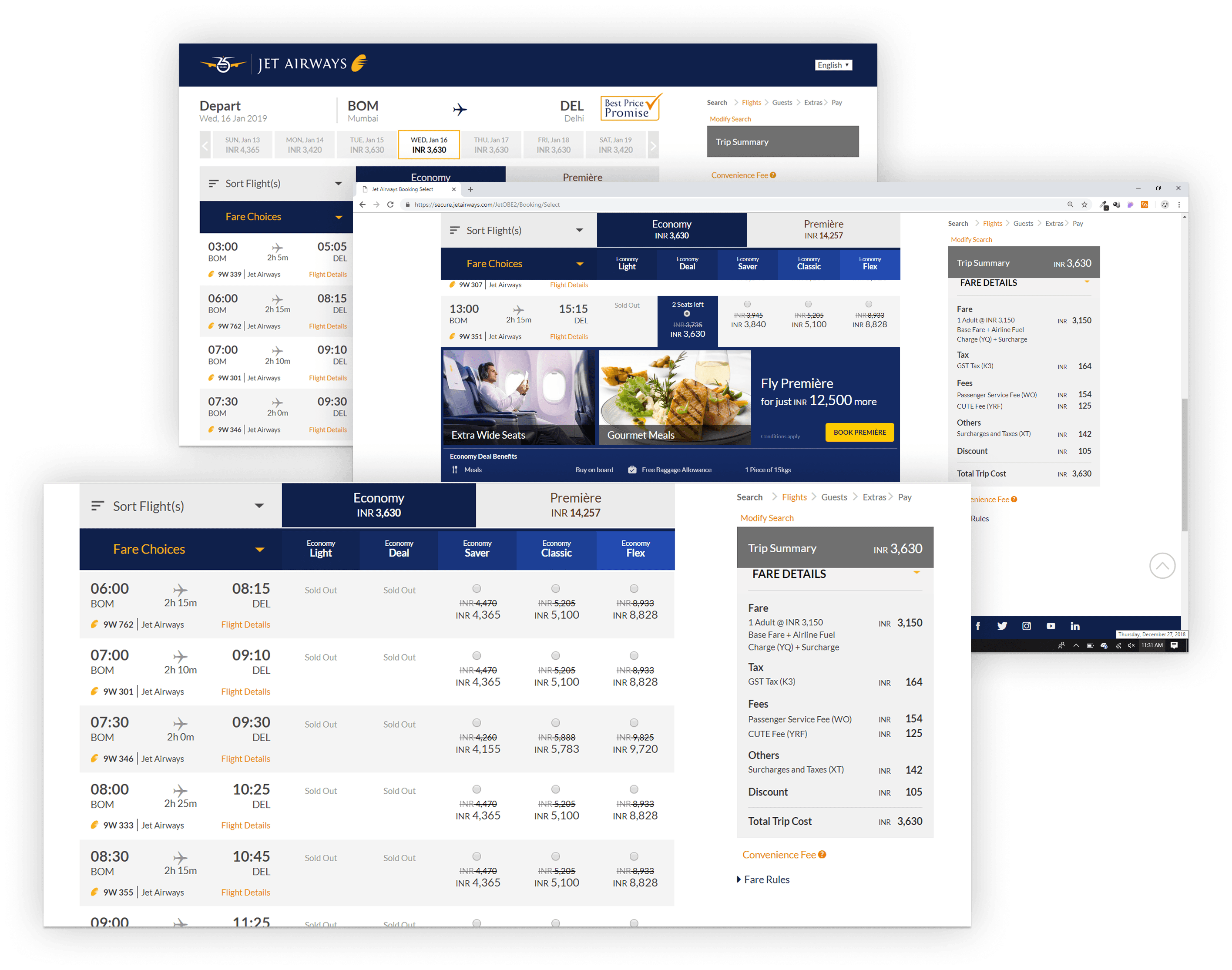 Jet Airways desktop web showing flight listing results at multiple viewport widths with fare breakdown panel