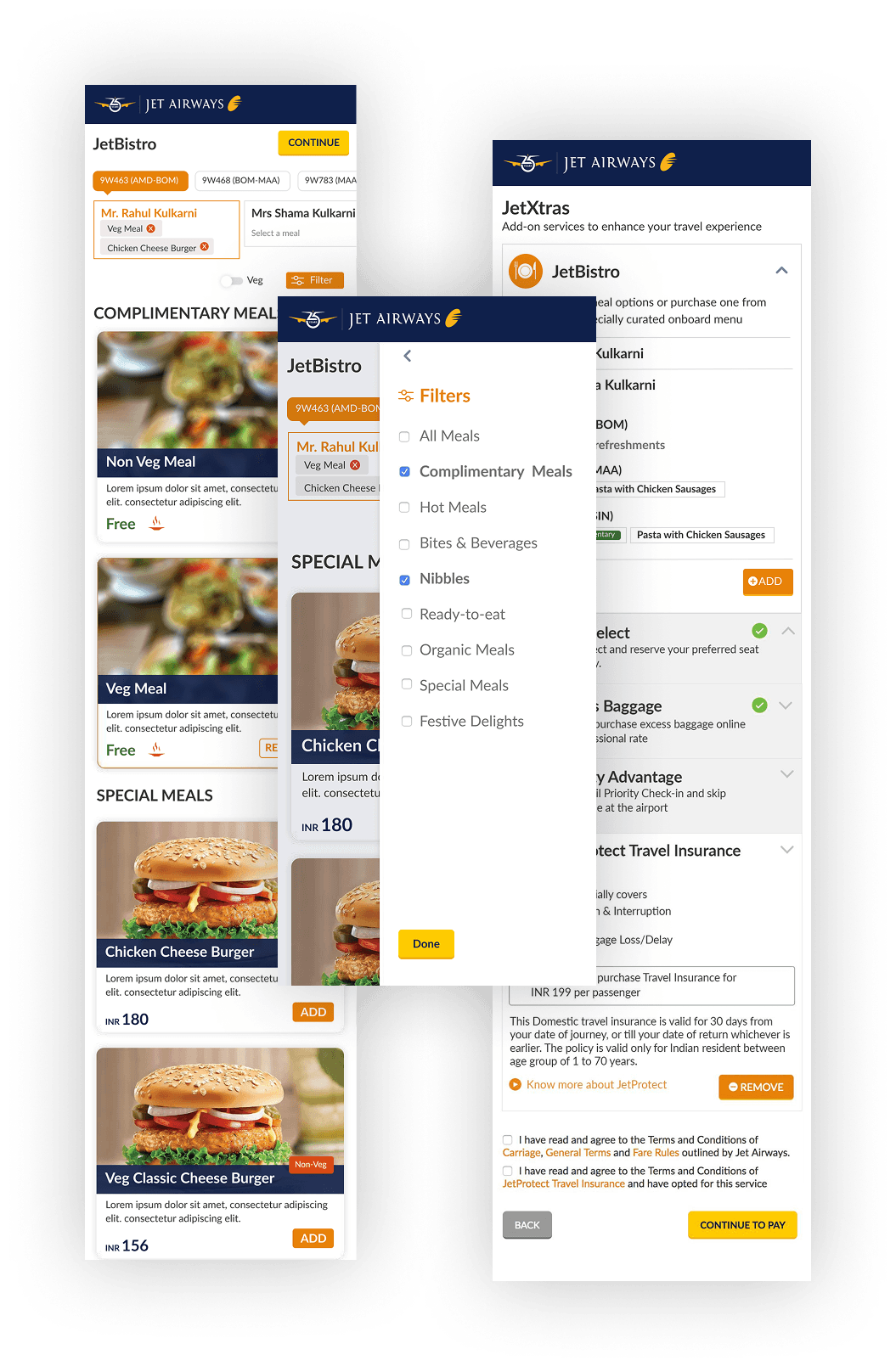 Jet Airways mobile app showing JetBistro meal selection with category filters and JetXtras add-on services