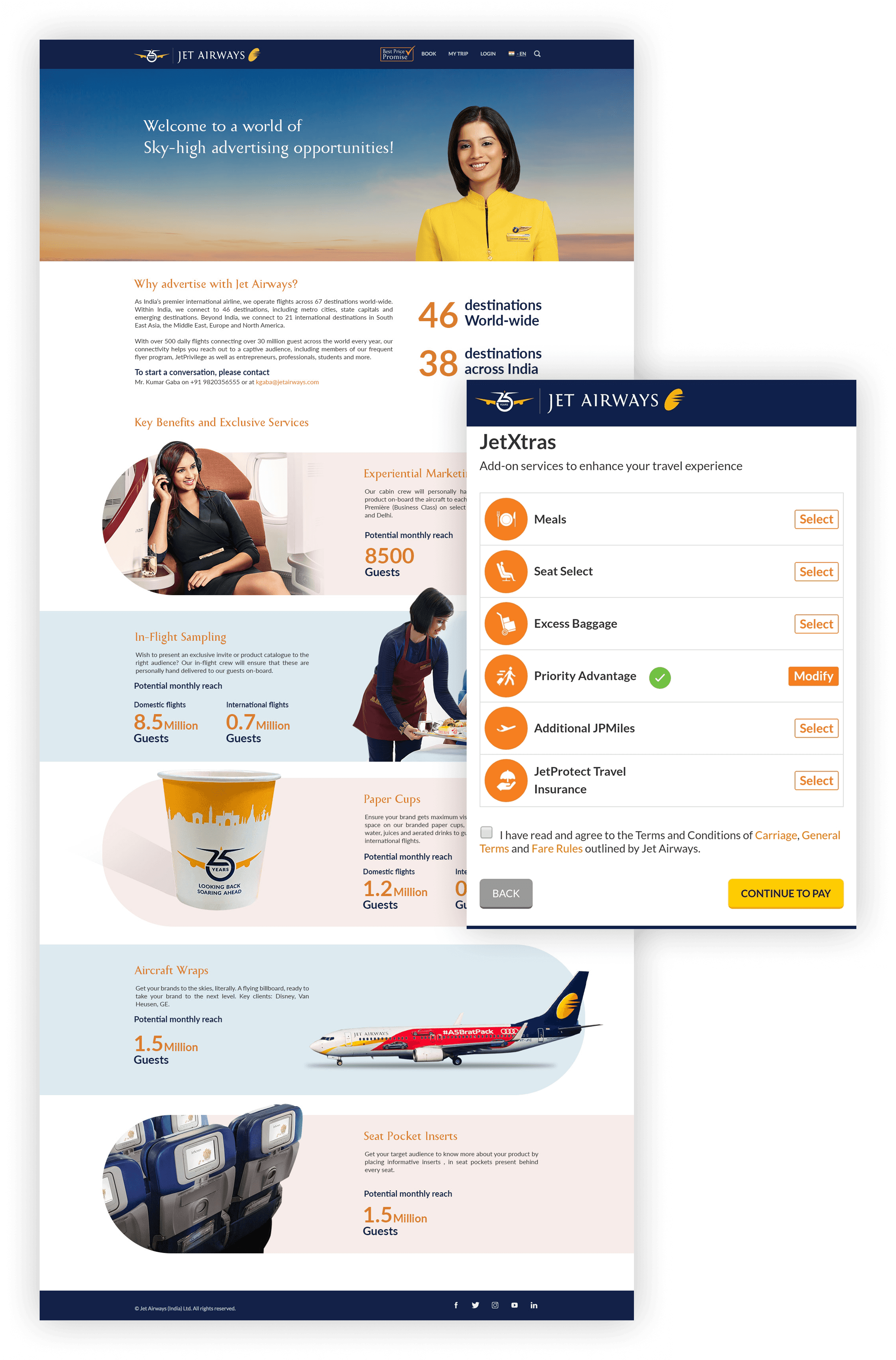 Jet Airways B2B advertising portal alongside JetXtras add-on management screen